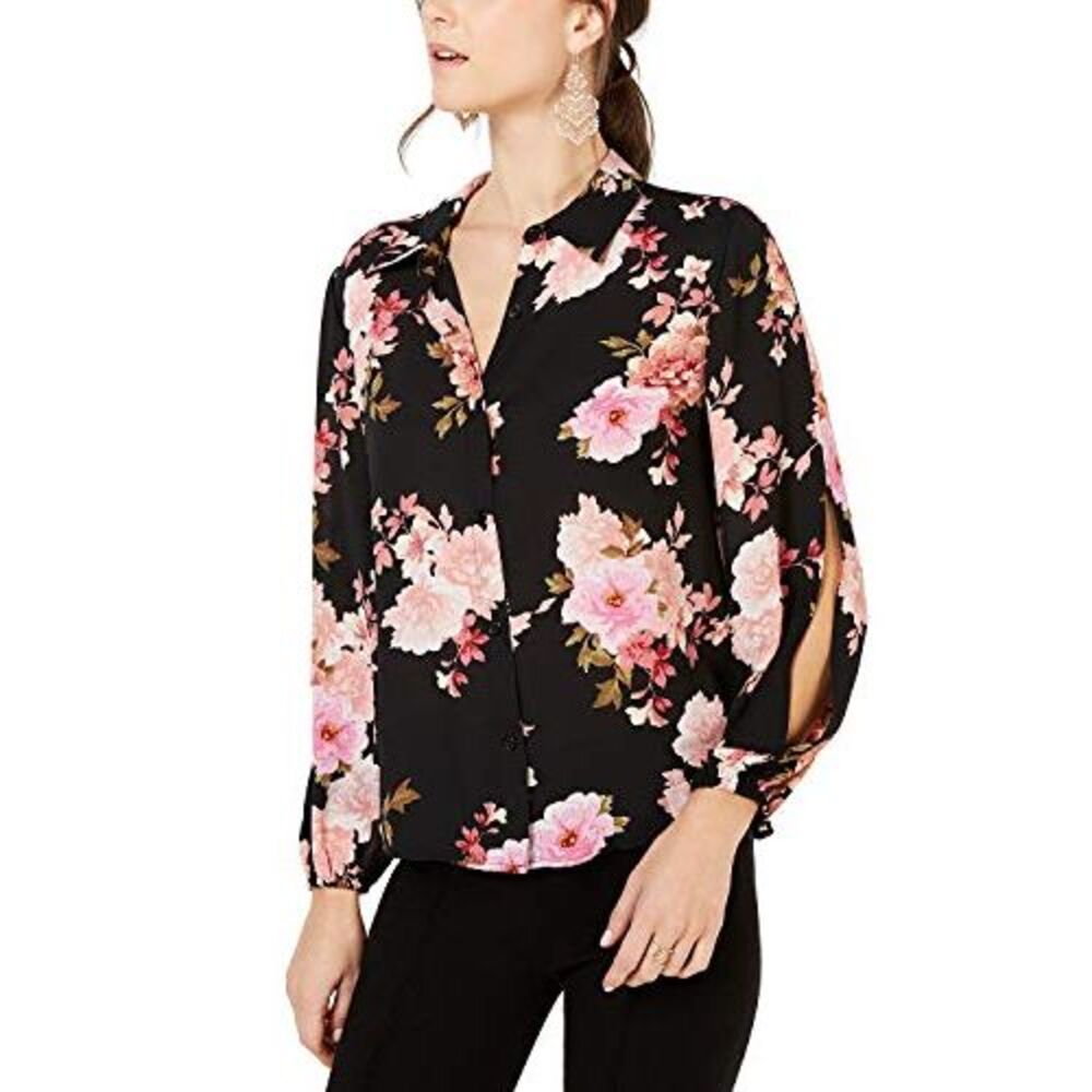 INC International Concepts I.N.C. Petite Floral Split-Sleeve Button-Up Top